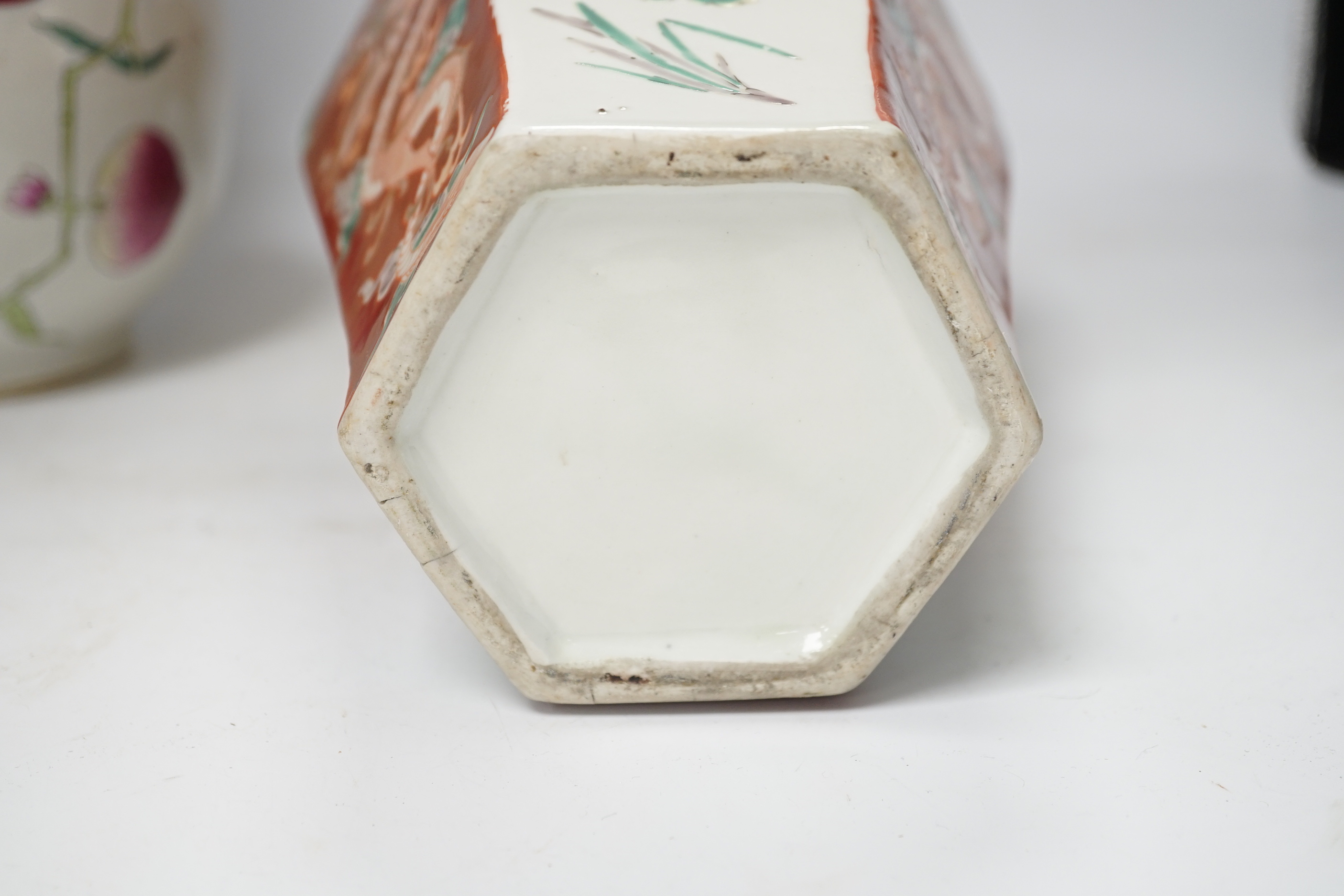A Chinese peach-decorated vase and a Chinese hexagonal vase, latter 36cm